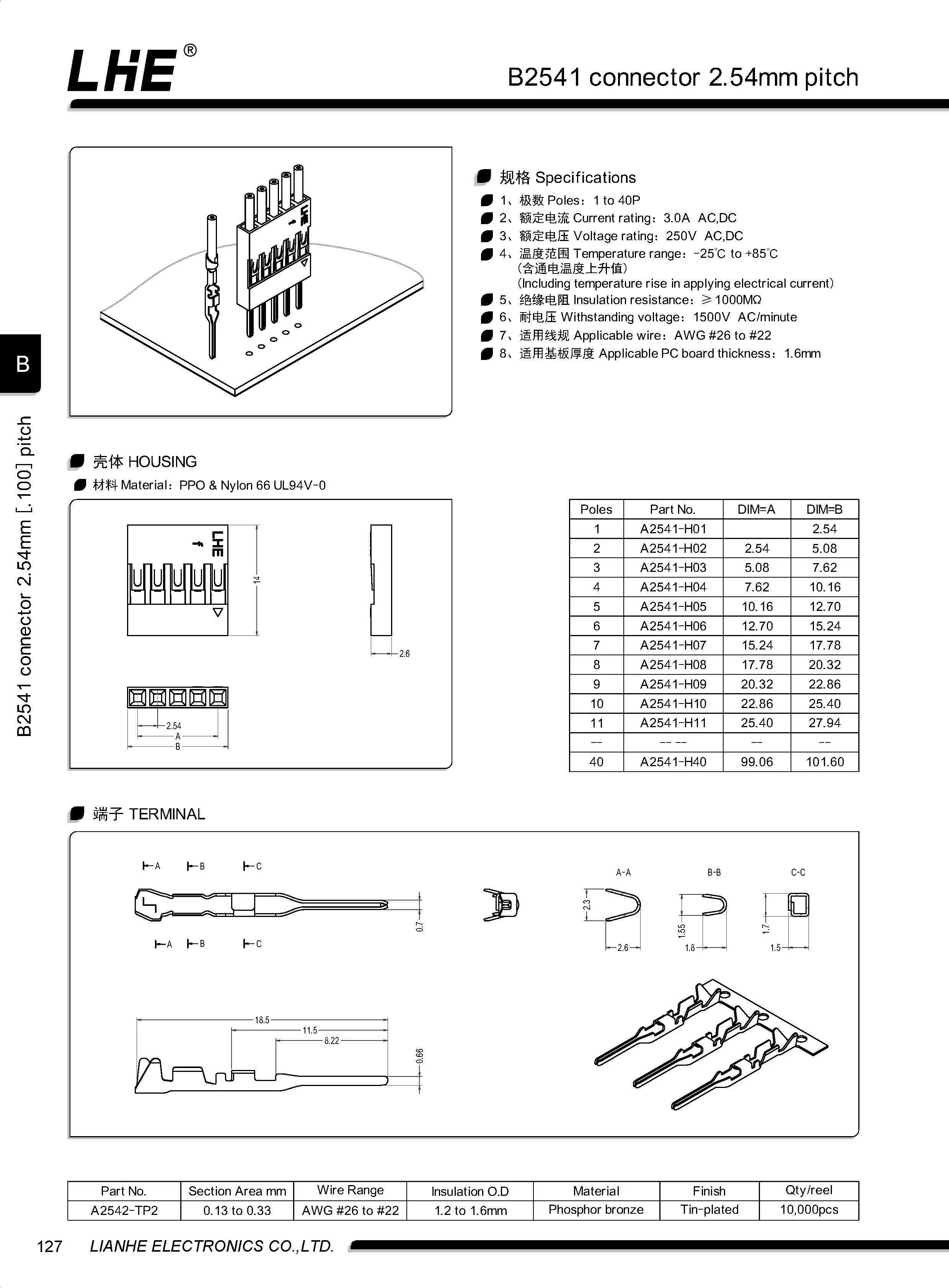 Postcode 2541 B2541 Connector | 2.54mm Pitch - LHE Electronics